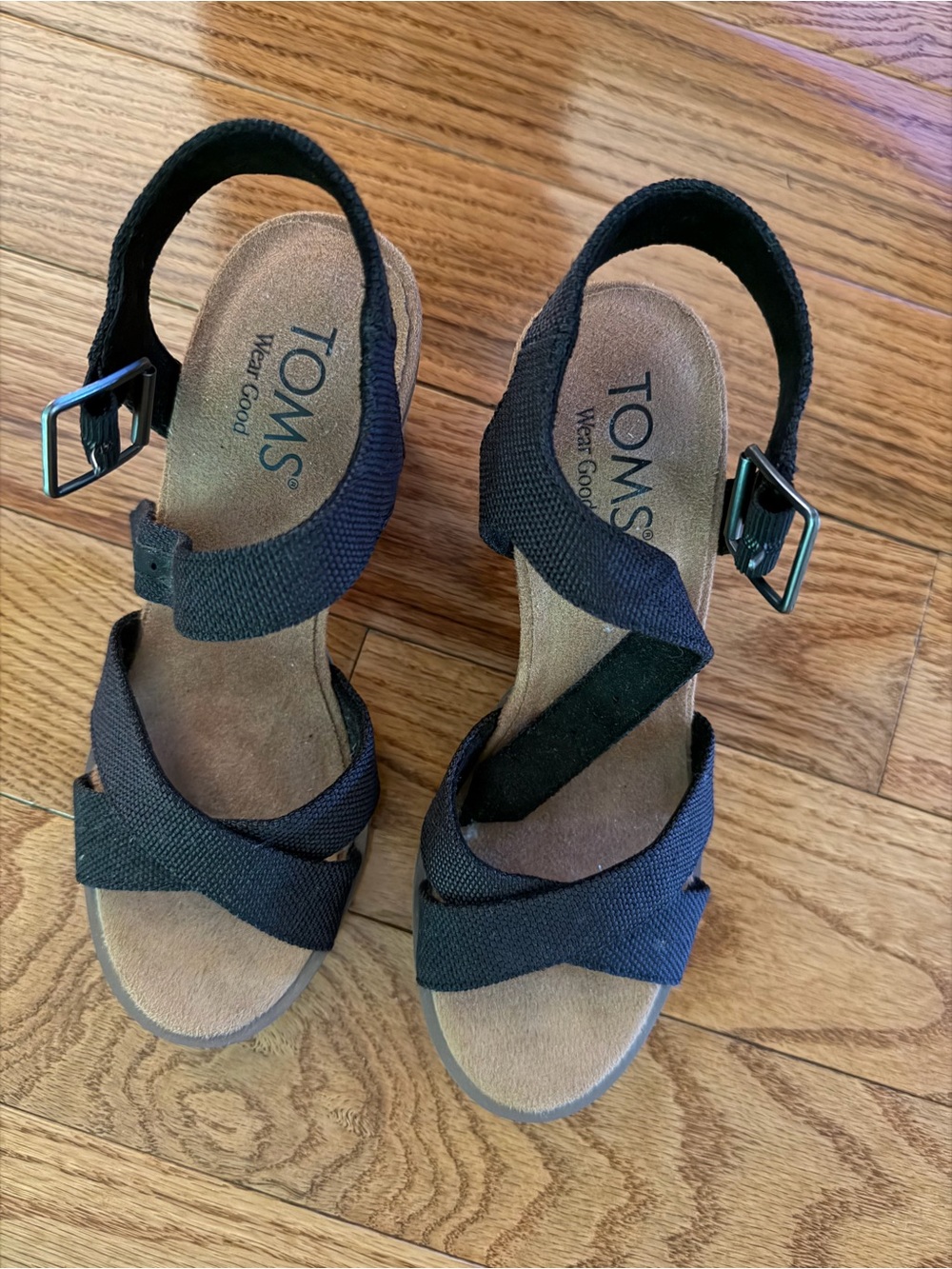 TOMS Black Crisscross Ankle Strap Wedge Sandals